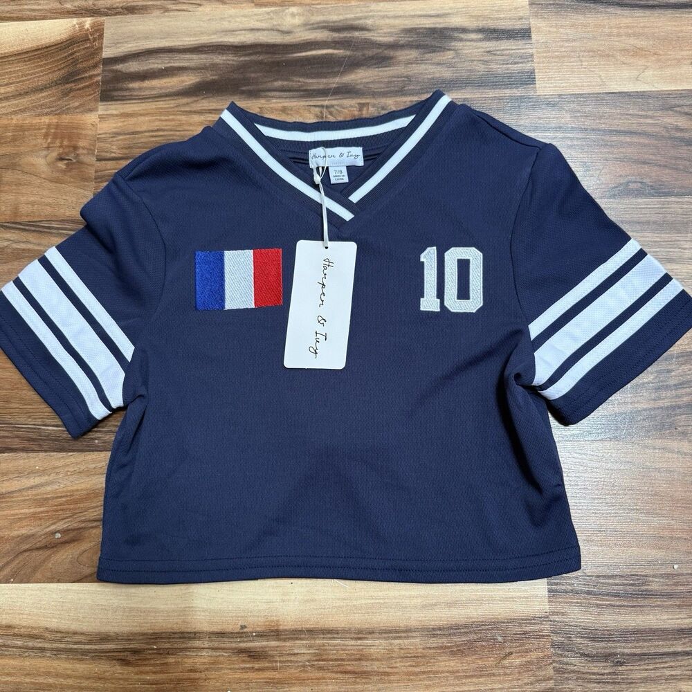 Harper & Ivy Girls France Soccer Jersey 7/8 Blue Polyester Embroidered Cropped￼